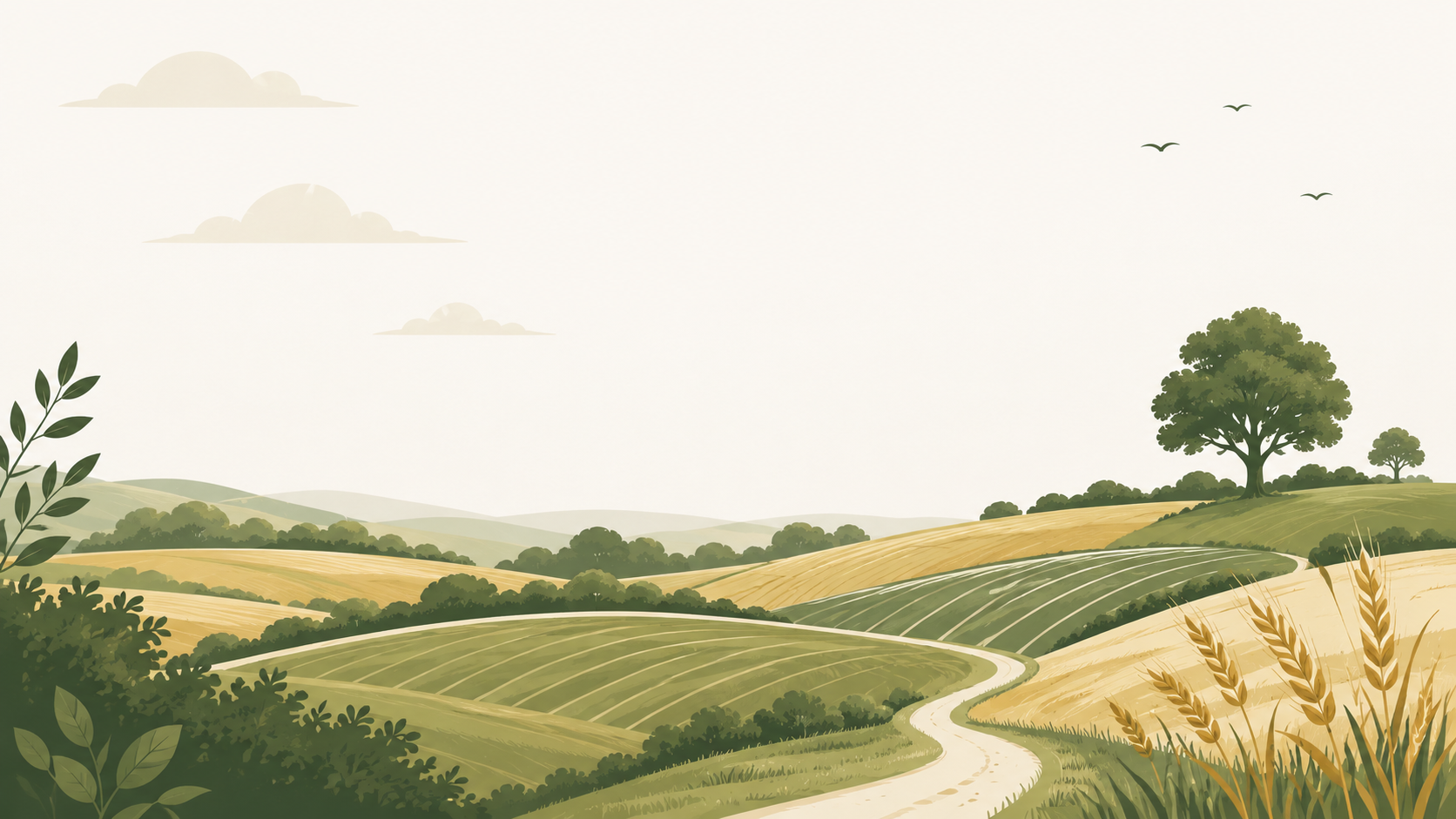 Illustrated rolling English countryside with fields, trees and wheat